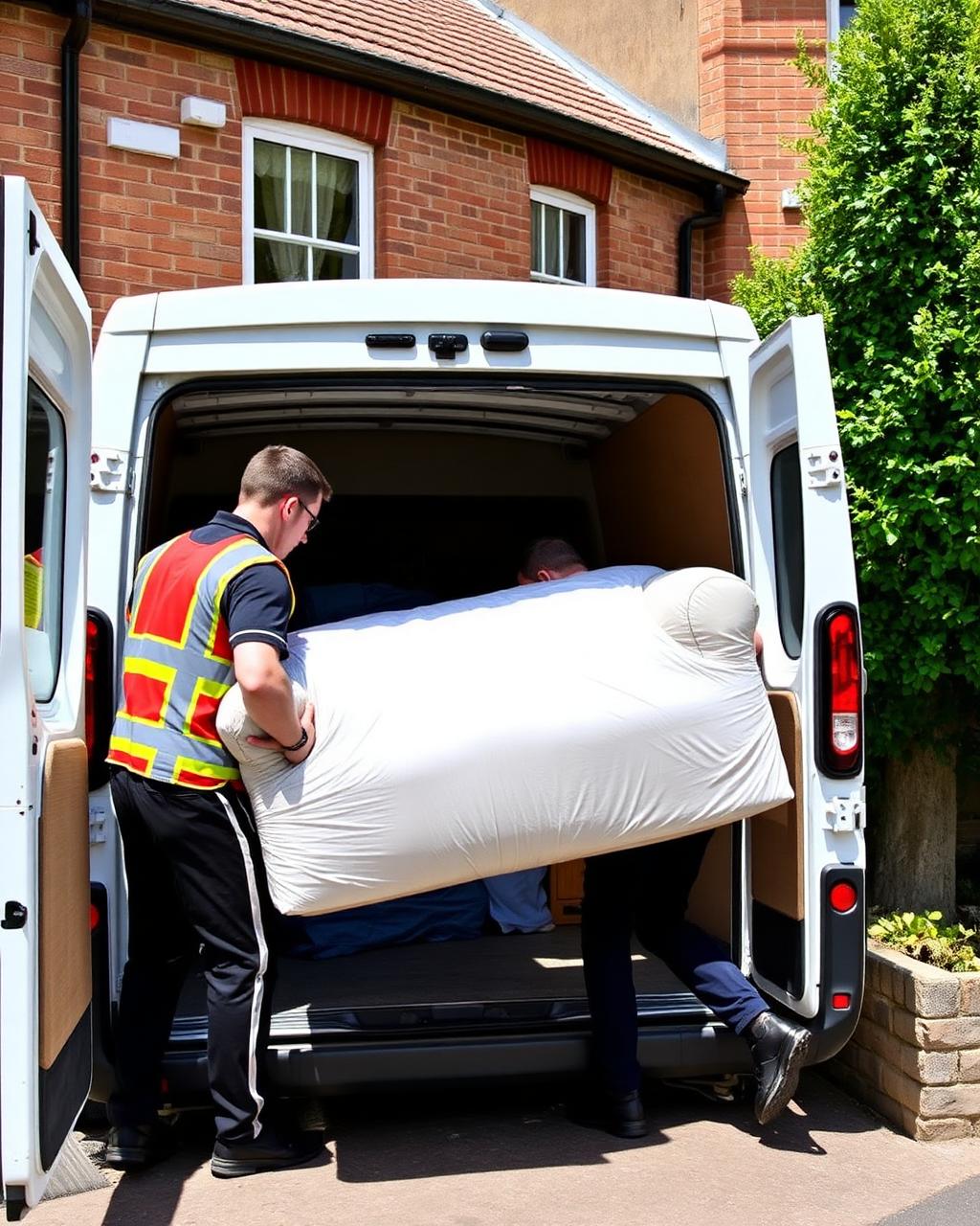 Movers carrying wrapped furniture into a van