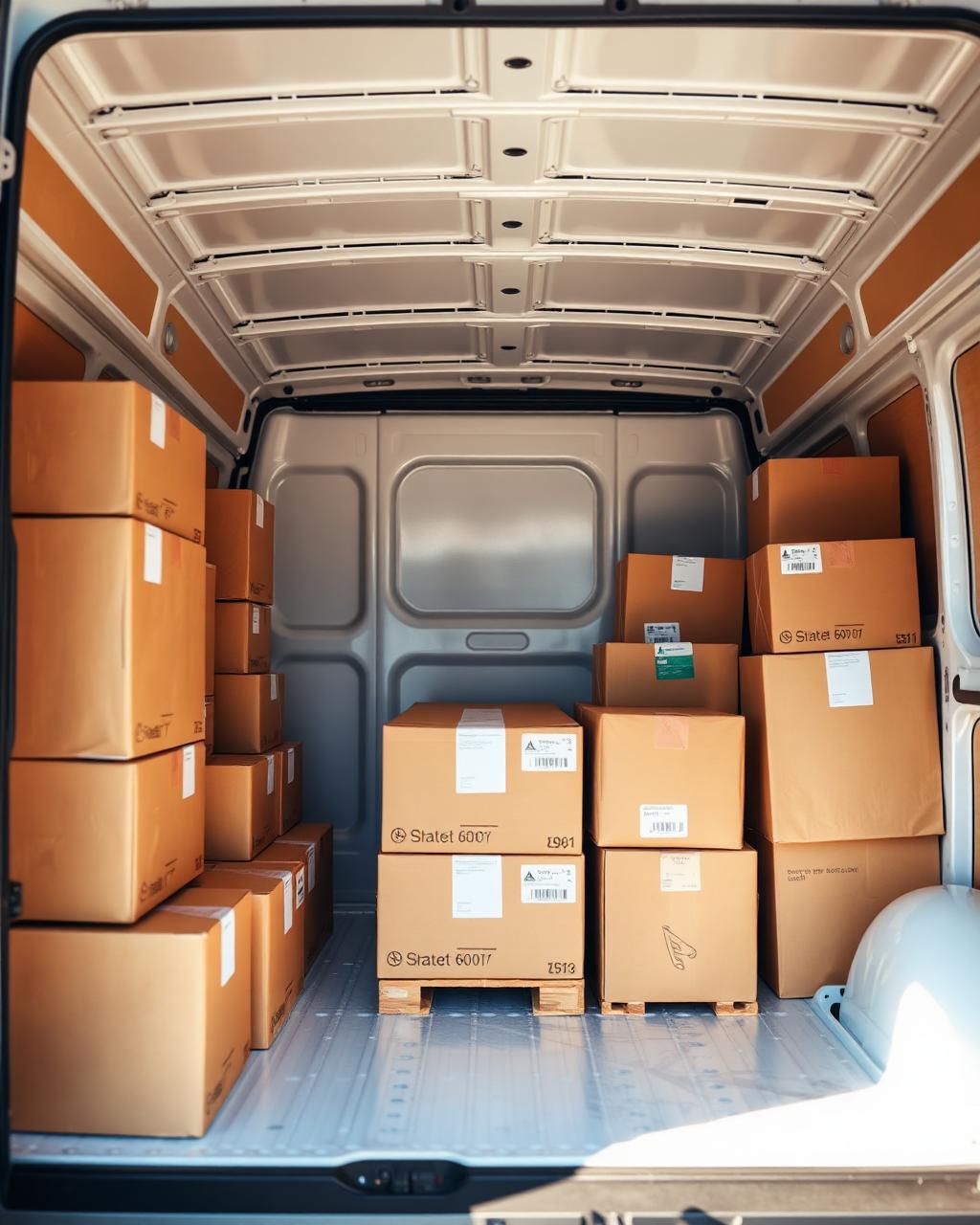 Parcels stacked inside a clean cargo van